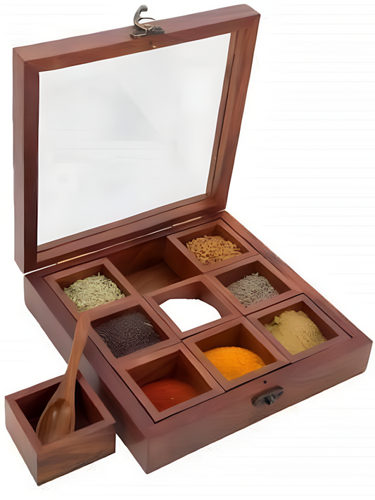 Handmade Wooden Utility/Masala Spice Box  Size 8X8X2 Inch Color Brown